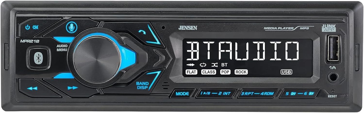 JENSEN MPR210 7 Character LCD Single DIN Car Stereo Radio | Push to Talk Assistant | Bluetooth Hands Free Calling & Music Stream