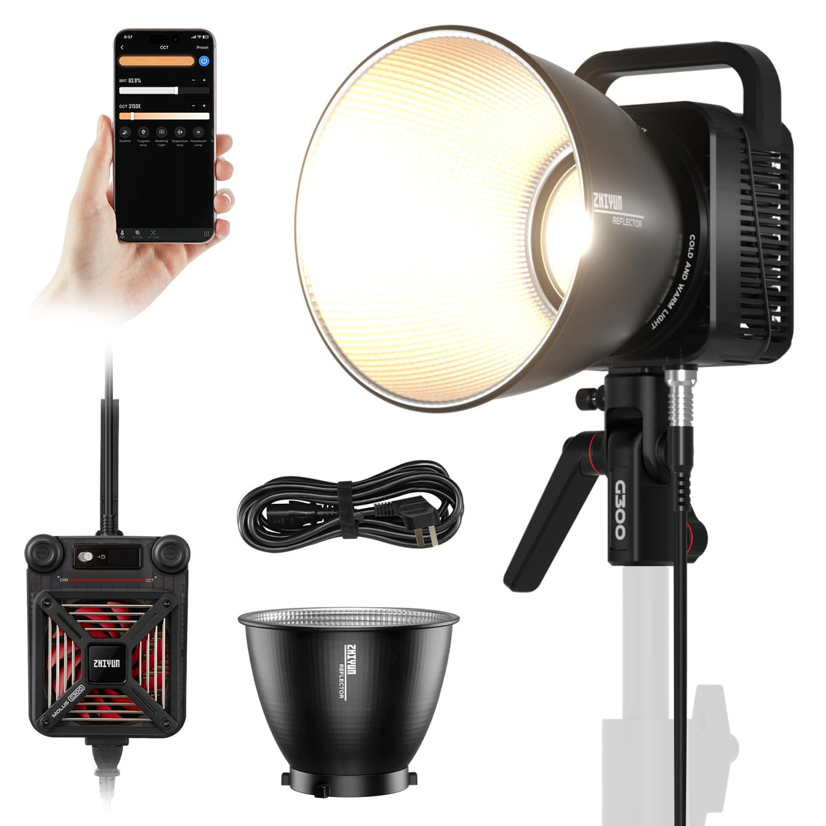Zhiyun Molus G300, 300W Led Video Light, Bowens Mount, 500W Max Extreme Mode, App Control, Ultra Quiet, 2700K-6500K, 14 Lighting