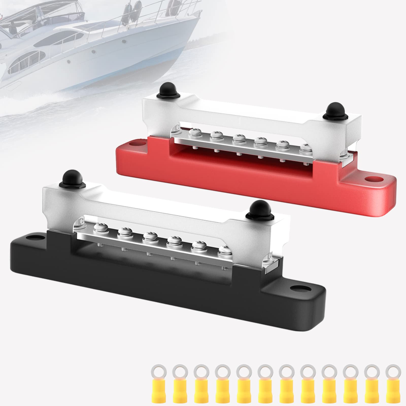 Pseqt 6 Terminal Bus Bar Ground Power Distribution Terminal Block Bus Bar With Cover For Auto Marine Car Pickup Trailer Rv Boat   Red & Black 2Pcs