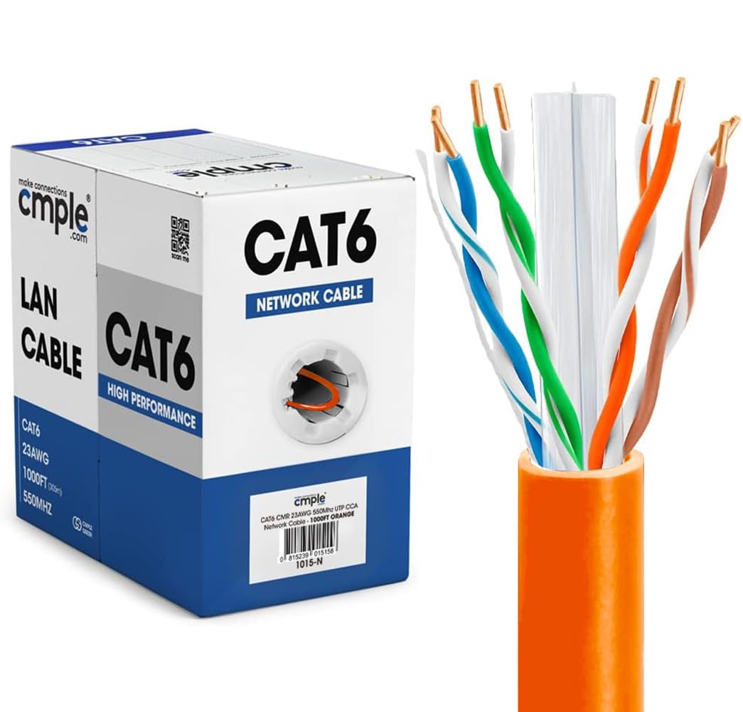 Cmple   Cat6 Cable 1000Ft Bulk Lan Ethernet Cat 6 Wire Network Utp 23Awg Cmr Riser 10Gbps 550 Mhz Pull Box 1000 Feet   Orange