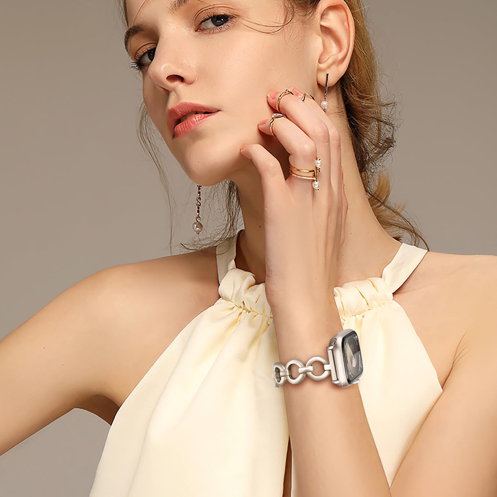 Trumirr Band For Apple Watch Series 8 7 45Mm / Se (2Nd Gen) 44Mm Starlight Women, Stainless Steel Watchband Jewelry Strap For Iw