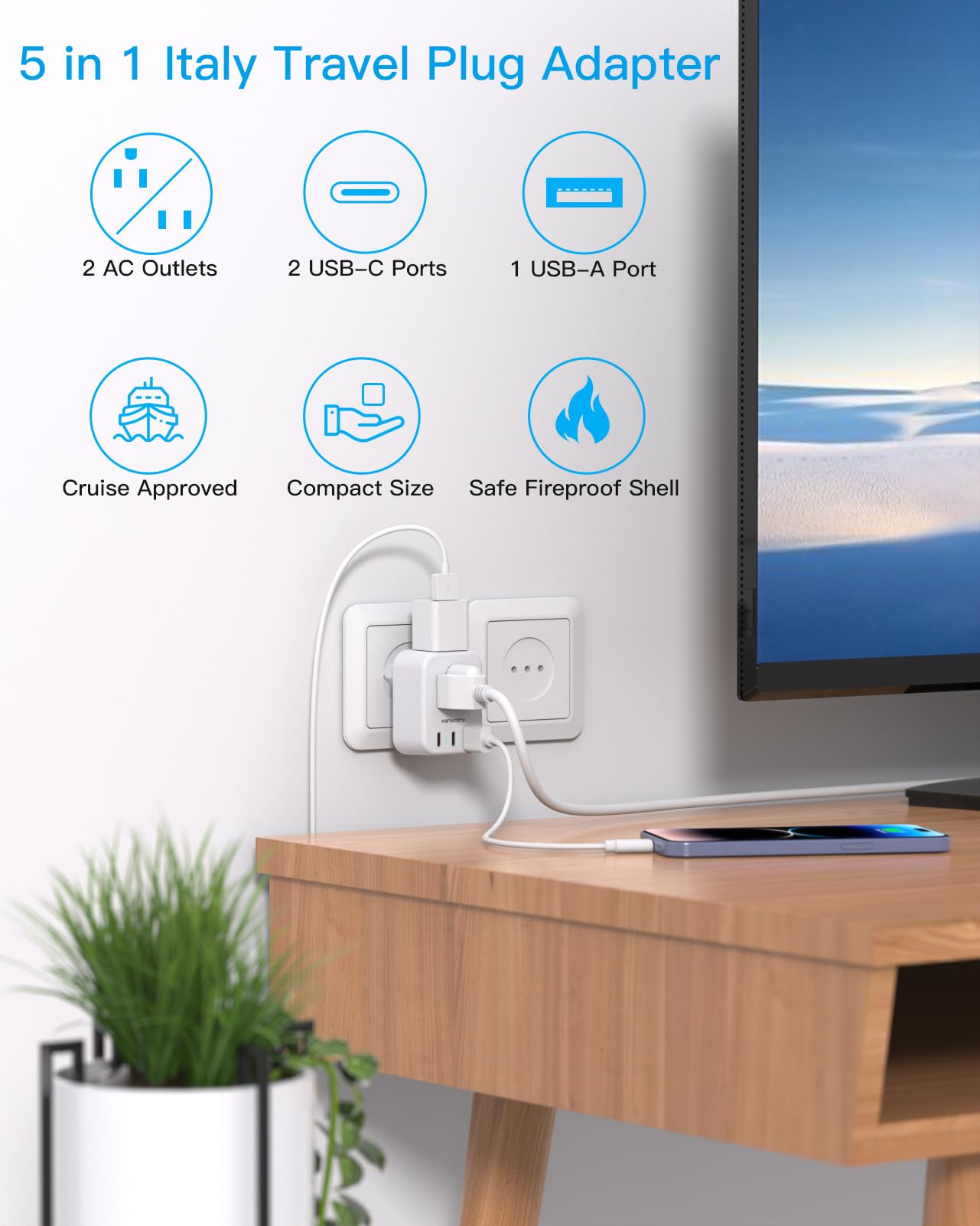 Italy Travel Plug Adapter, Type L Power Plug Adapter With 2 Outlets 3 Usb Ports(2 Usb C) For Us Usa To Italy Rome Uruguay Chile