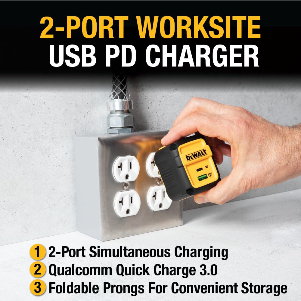 Dewalt 2-Port Usb Pd Charger - Worksite Usb C Charger Block - 49.5W Dual Port Fast Charger - Usb Type C Pd And Qc 3.0 Foldable W