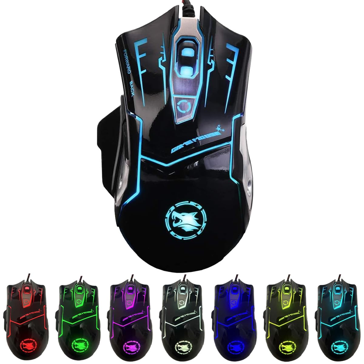 RGB Light up Wired Gaming Mouse for Computer - Durable USB Led Laptop Mice w/ 7 Color Backlit, 4 Adjust DPI Up to 3200 for Gamin