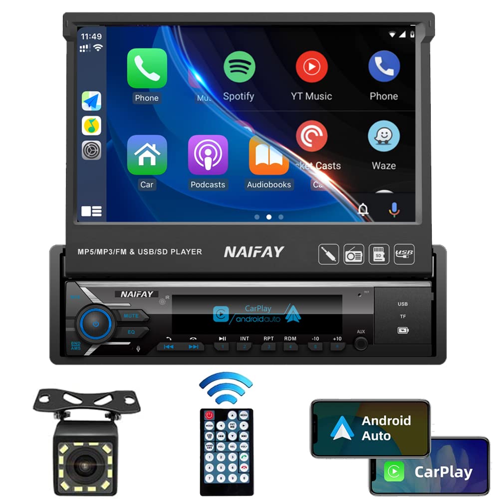 Naifay Single Din Touchscreen Car Stereo With Carplay & Android Auto, 7Inch Flip Out Screen Car Stereo With Bluetooth Car Audio