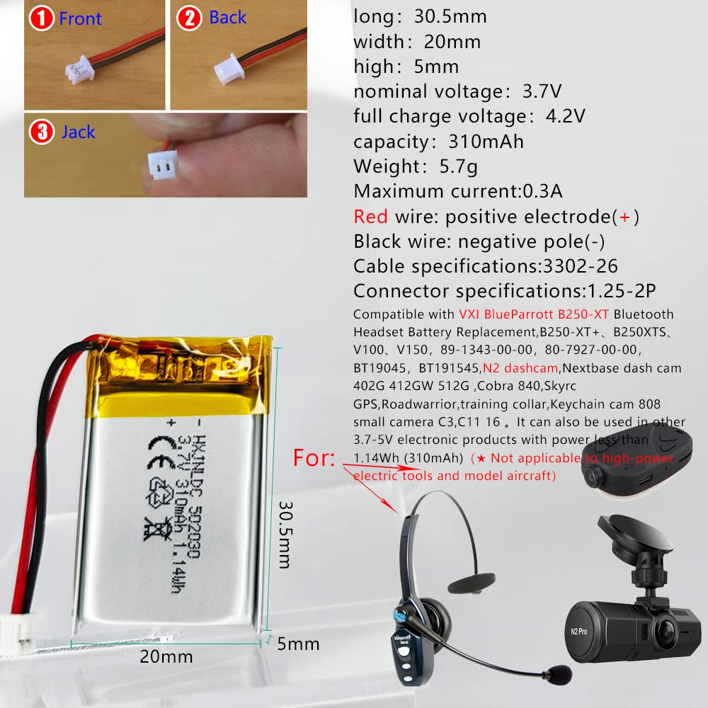 Hxjnldc 3.7V 310Mah 502030 Battery For Vxi Blueparrott B250 Xt Bluetooth Headset Battery Replacement Dashcam Nextbase Dash Cam 4