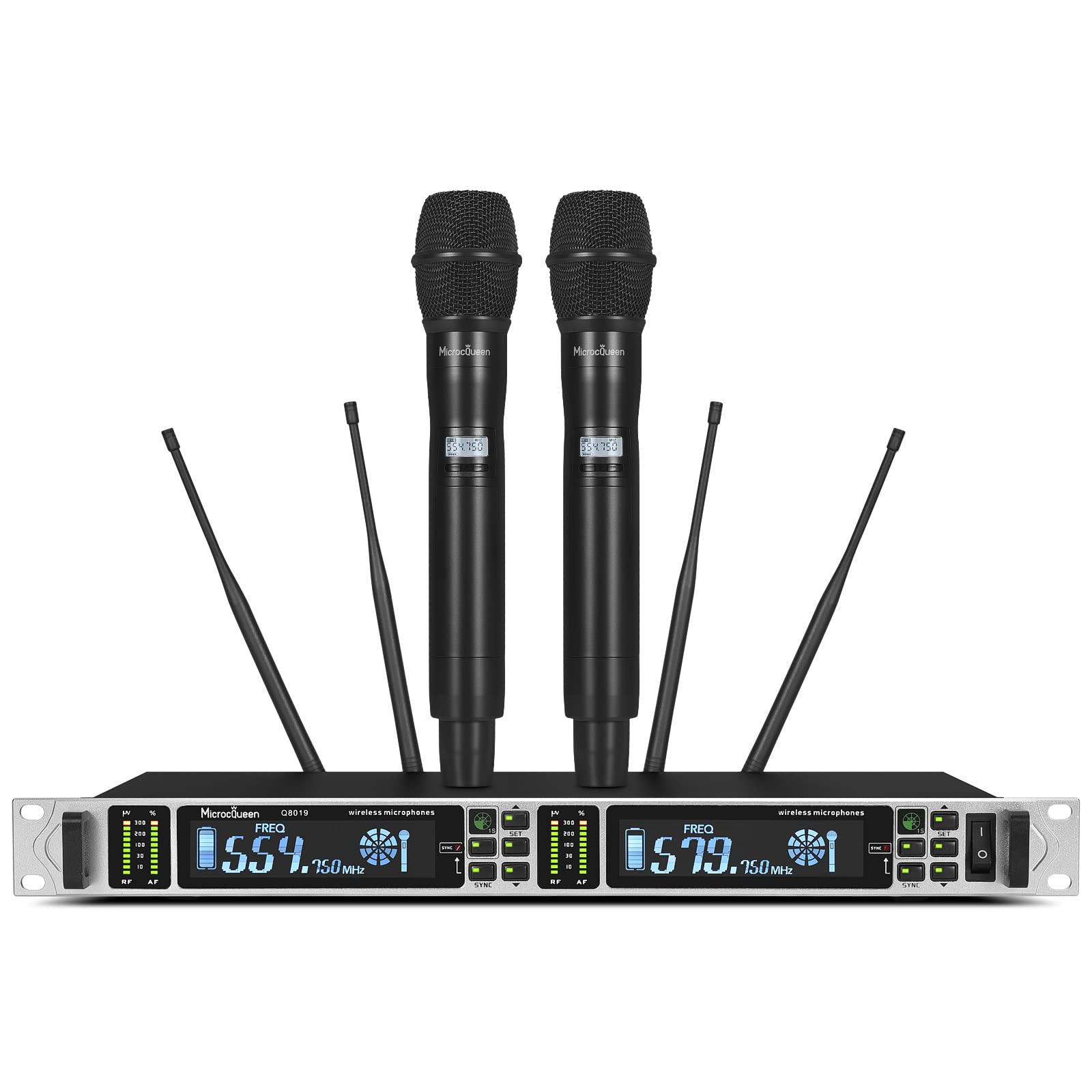 MicrocQueen Professional UHF Wireless Microphone System, Dual Channel with 2 Metal Handheld Mics, 200 Channels Alternative Frequ