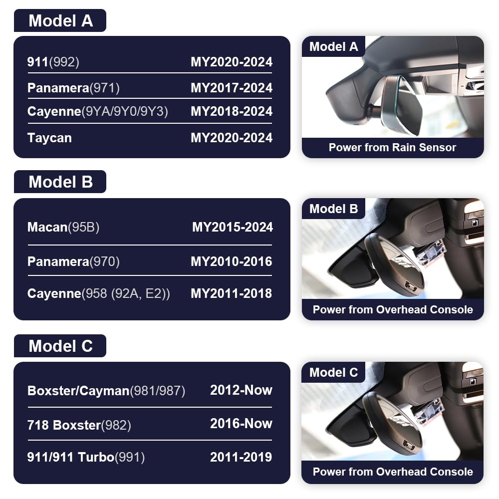 Fitcamx 4K Dash Cam Suitable For Porsche 911 992 Cayenne 9Ya 9Y0 9Y3 Panamera 971 Taycan (Model A), Oem Look, 2160P Uhd Video, B