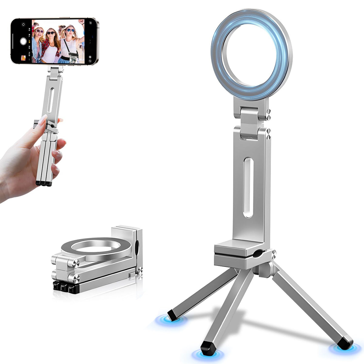 Magnetic Tripod For Iphone, 360 Adjustable Mini Magnetic Phone Tripod Stand For Iphone Magsafe, Aluminium Alloy Magnetic Clip On