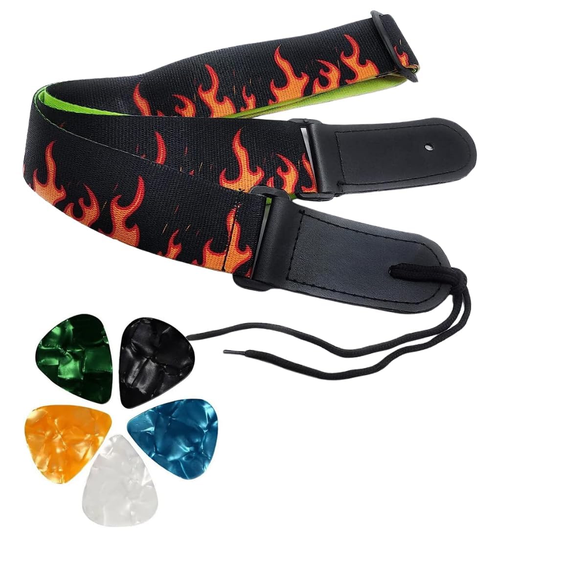 SLS Music Flames Printed Guitar Strap  Adjustable Polyester Belt with 5 Picks for Acoustic, Electric & Bass Guitars