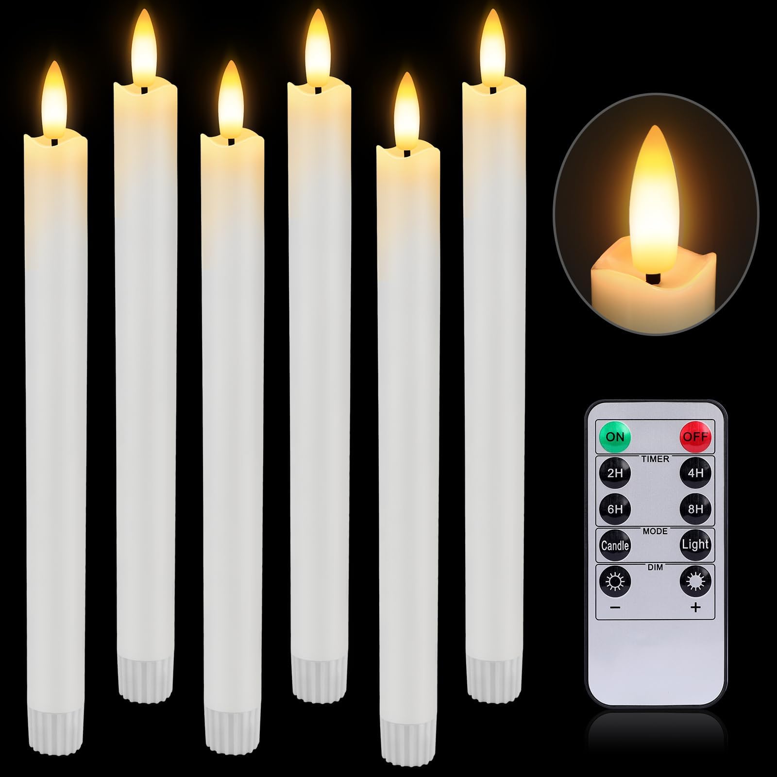 Hinzer 6 Pcs Flameless Taper Candles With Remote & Timer 9.6 Inch Real Wax Battery Operated Led Warm 3D Wick Flickering Window C