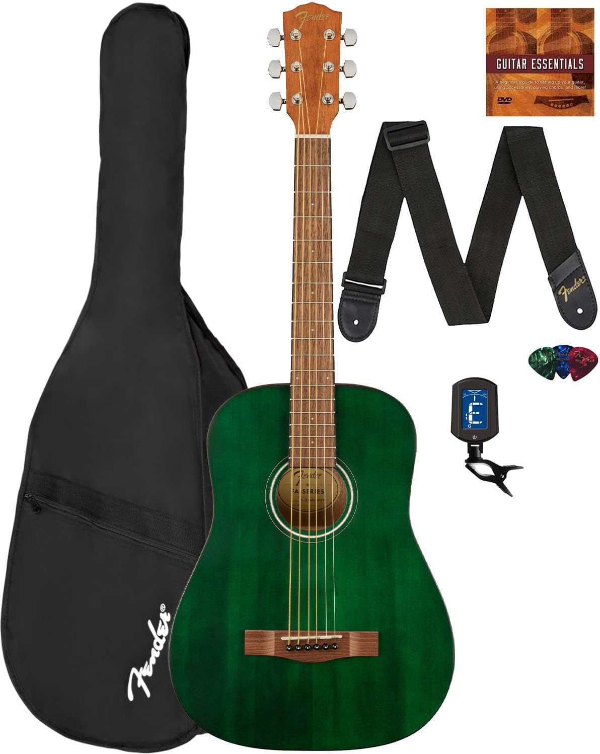 Fender FA-15 3/4-Scale Kids Steel String Acoustic Guitar - Green Learn-to-Play Bundle with Gig Bag, Tuner, Strap, Picks, Fender 