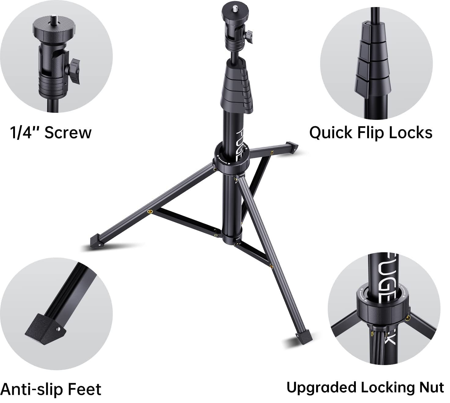 Fugetek 67' Professional Cell Phone Tripod, Portable All In One, Bluetooth Remote, Phone Holder, Compatible With Iphone & Android Devices, Non Skid Feet, Black
