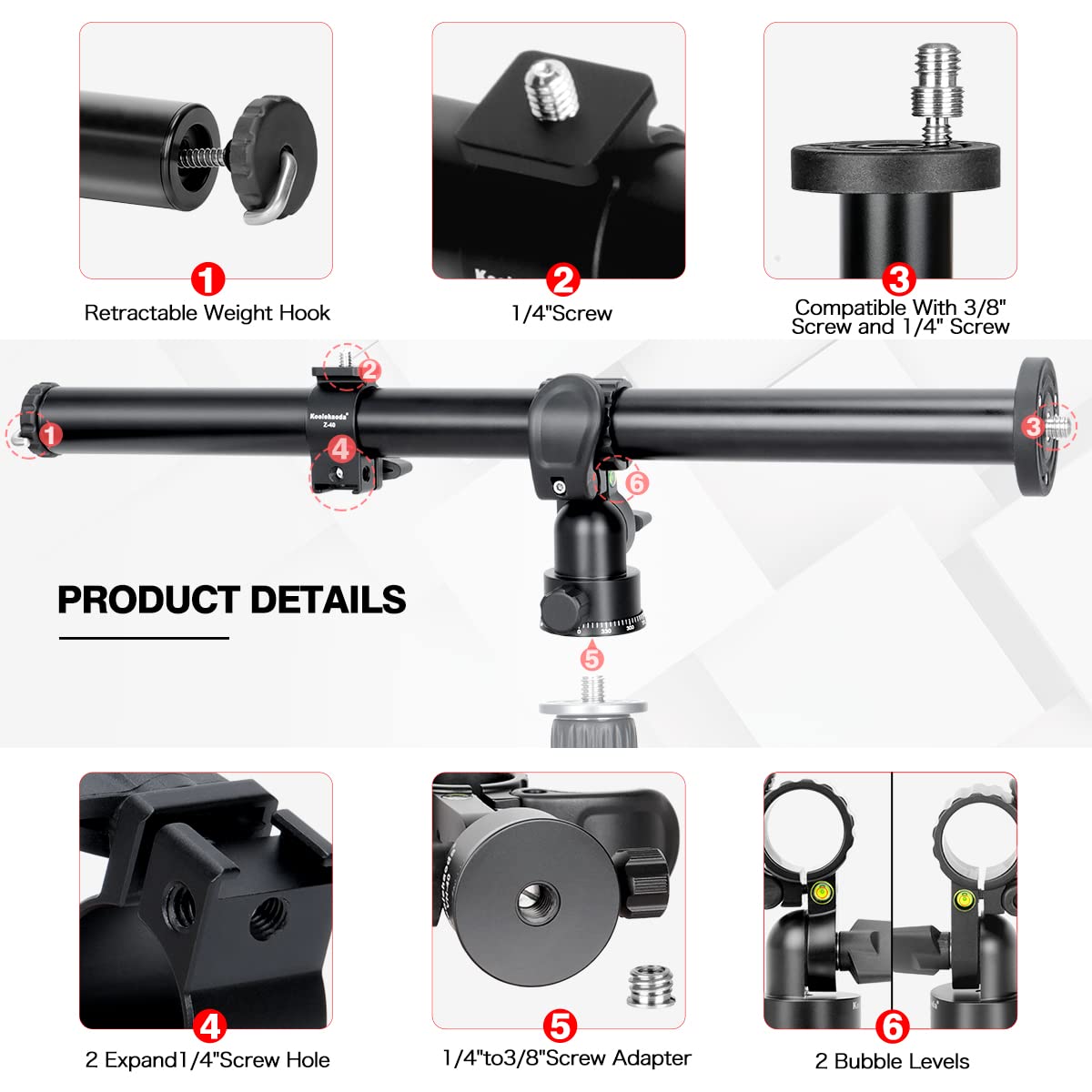 Koolehaoda 16.5' Tripod Extension Arm Horizontal Centre Column Extension Boom 28Mm Tube With 360� Rotatable Rotating Base For Overhead Photography, Macro Shooting, Load Up To 22Lbs
