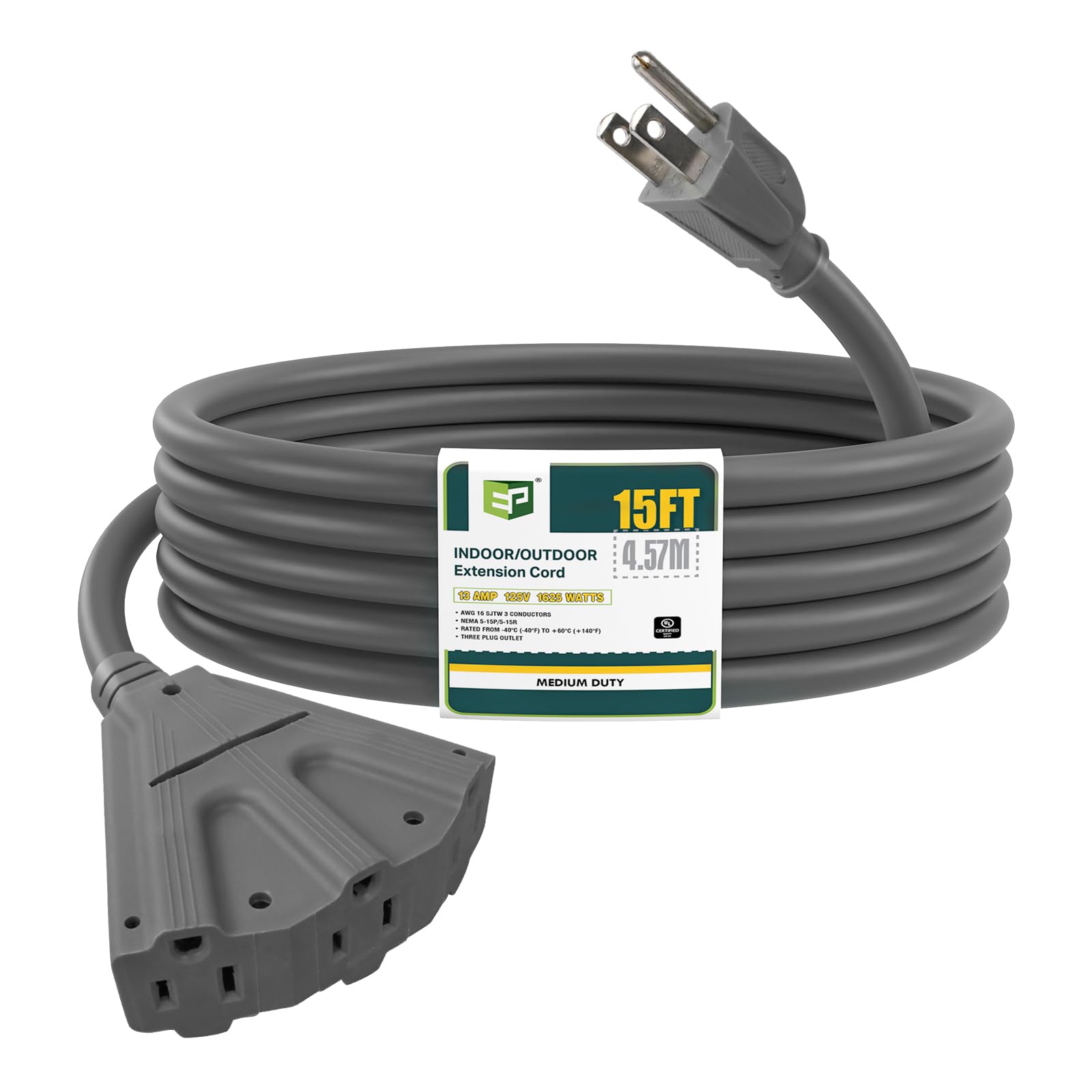 Ep 15 Ft Outdoor Extension Cord With 3 Electrical Power Outlets   16/3 Sjtw Grey Cable With 3 Prong Grounded Plug For Safety Gre