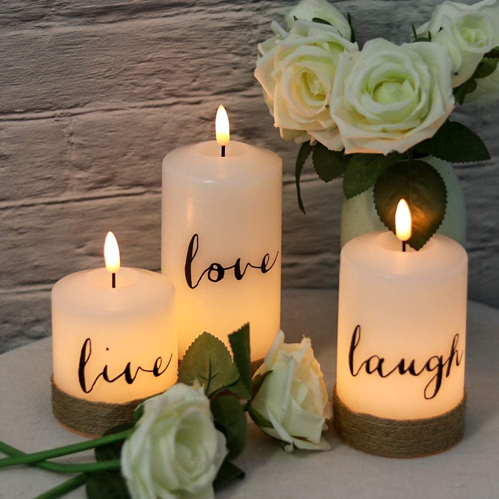 Genswin Flameless Led Candles With Hemp Rope & Remote Timer, Real Wax Battery Operated Pillar Candles Live Laugh Love, Realistic