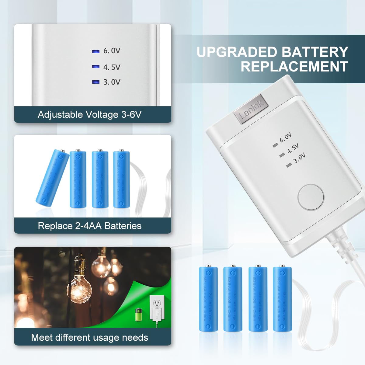 Lenink Adjustable Ac Power Supply Adapter For Aa Batteries, 3V To 6V, Led Lights & Decorations (White)