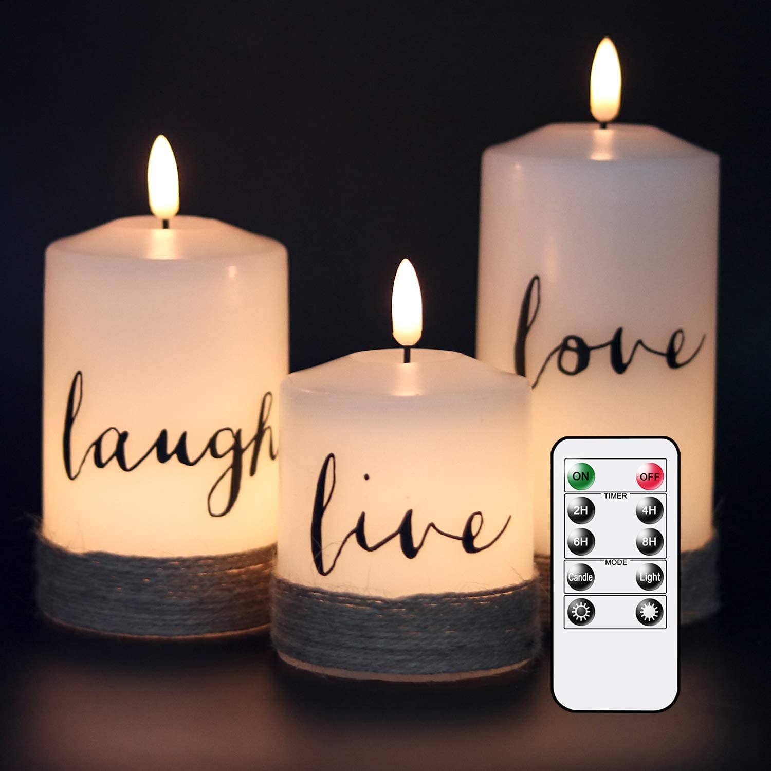 Genswin Flameless Led Candles With Hemp Rope & Remote Timer, Real Wax Battery Operated Pillar Candles Live Laugh Love, Realistic