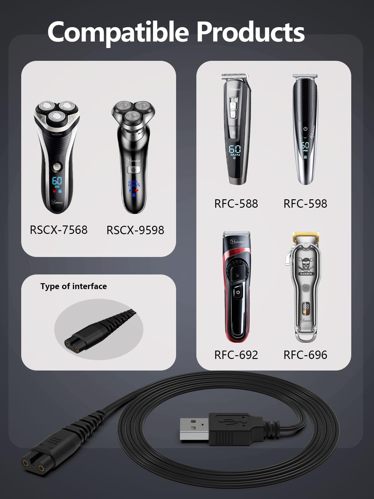 Usb Charger Cord For Hatteker Cordless Pro Hair Clippers Beard Trimmer Rfc 588 Rfc 598 Rfc 690 Rfc 692 Rfc 696 Rscx 7568 Rscx 95