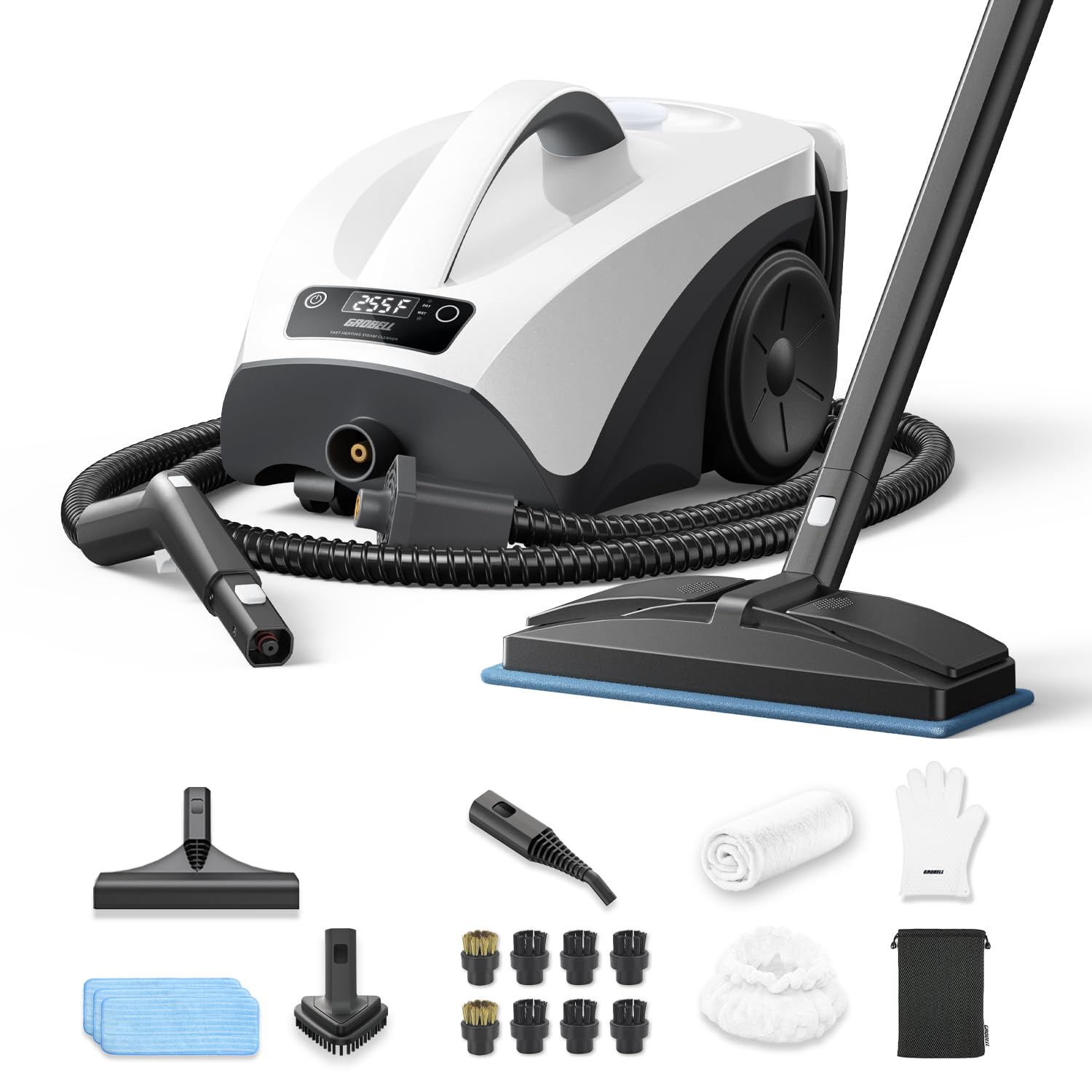 GROBELL Steam Cleaner: 40s Fast Heating0.66Gal (2.5L) Large Tank21 PCS KitNo CoolingRefill AnytimeDetachable Hose Multi Por