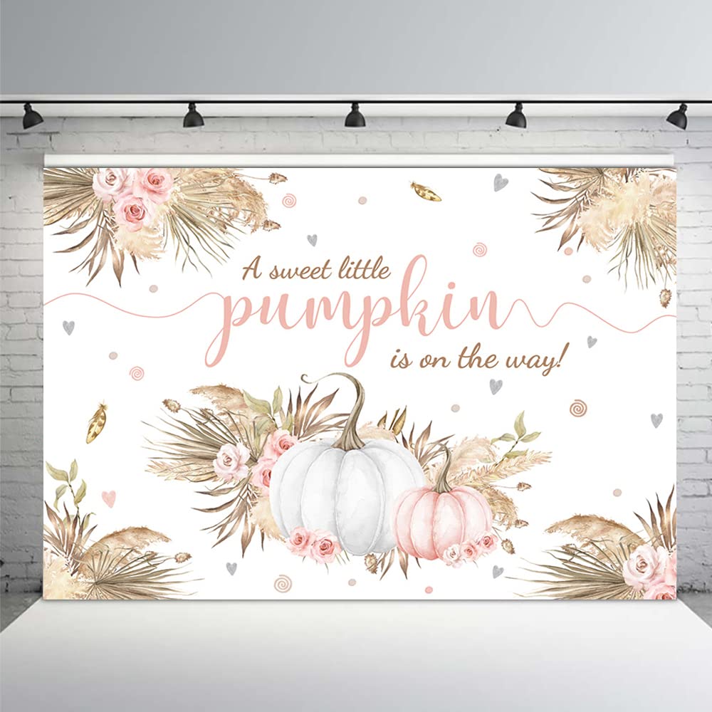 Mehofond 7X5Ft Autumn Boho Little Pumpkin Backdrop For Girl Baby Shower Fall Leaves Pampas Grass Pink White Floral Background Fo