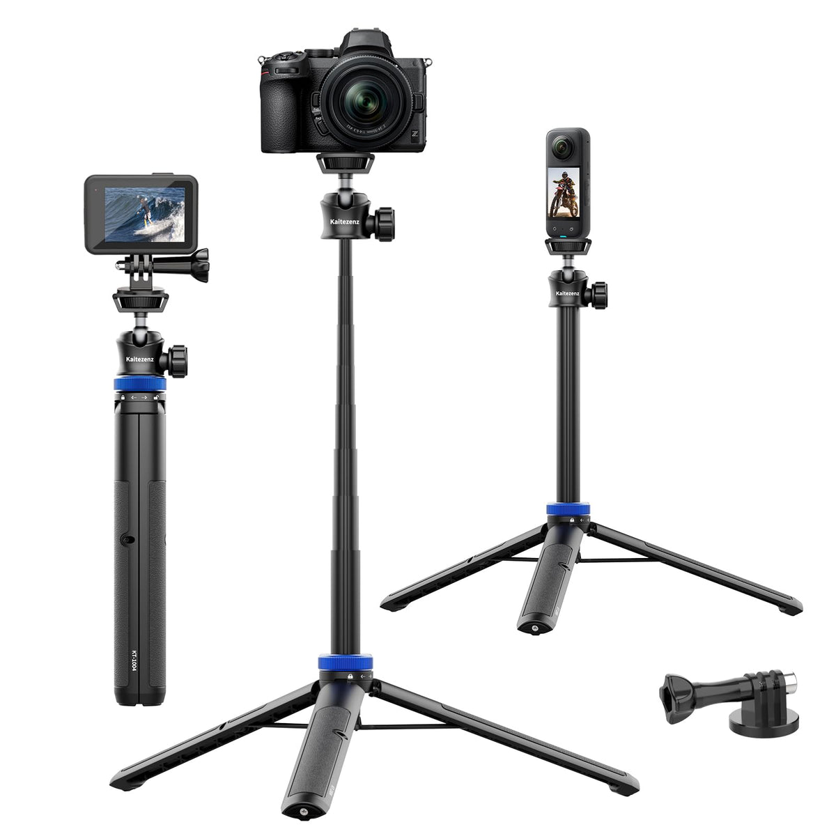 Kaitezenz Selfie Stick Tripod For Gopro Camera, 62'' Extendable Tripod Stand With 360 Ball Head 1/4'' Screw, Portable Lightweigh