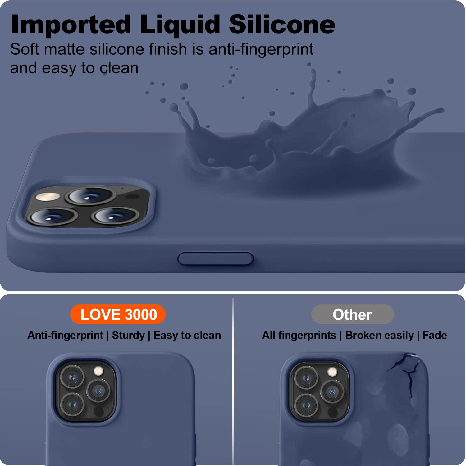 LOVE 3000 iPhone 12/12 Pro Slim Liquid Silicone Shockproof Phone Case with Full Body Protection Navy Blue