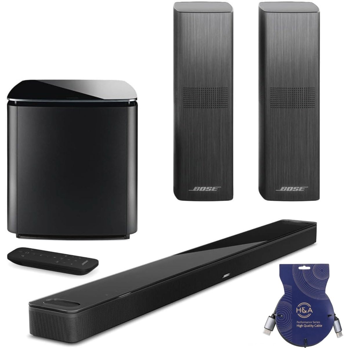 Bose Smart Ultra Dolby Atmos Soundbar, Black, Bundle With Bass Module 700 And 2X Surround Speakers 700, With H&A Brand Hdmi Cabl