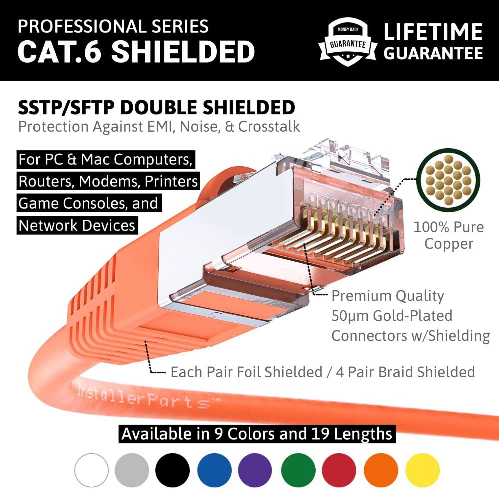 Installerparts (5 Pack Ethernet Cable Cat6 Cable Shielded (Sstp/Sftp) Booted 0.5 Ft   Orange   Professional Series   10Gigabit/S