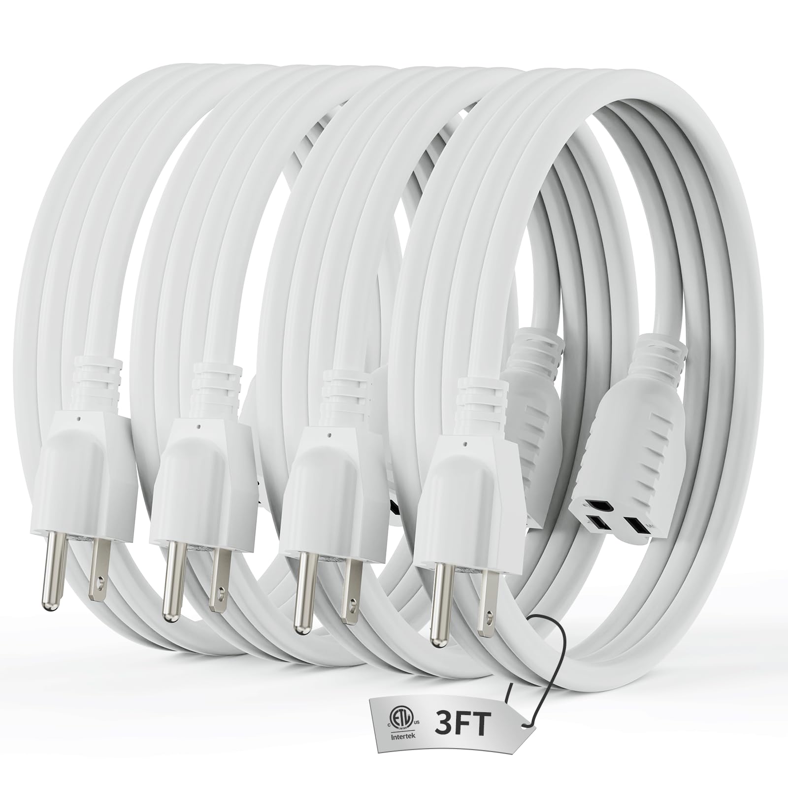 Plugtul 3 Ft Extension Cord White, 4 Pack Short Power Cord, Indoor/Outdoor 16 Gauge 3 Prong Grounded Wire Etl Listed, 13A 1625W