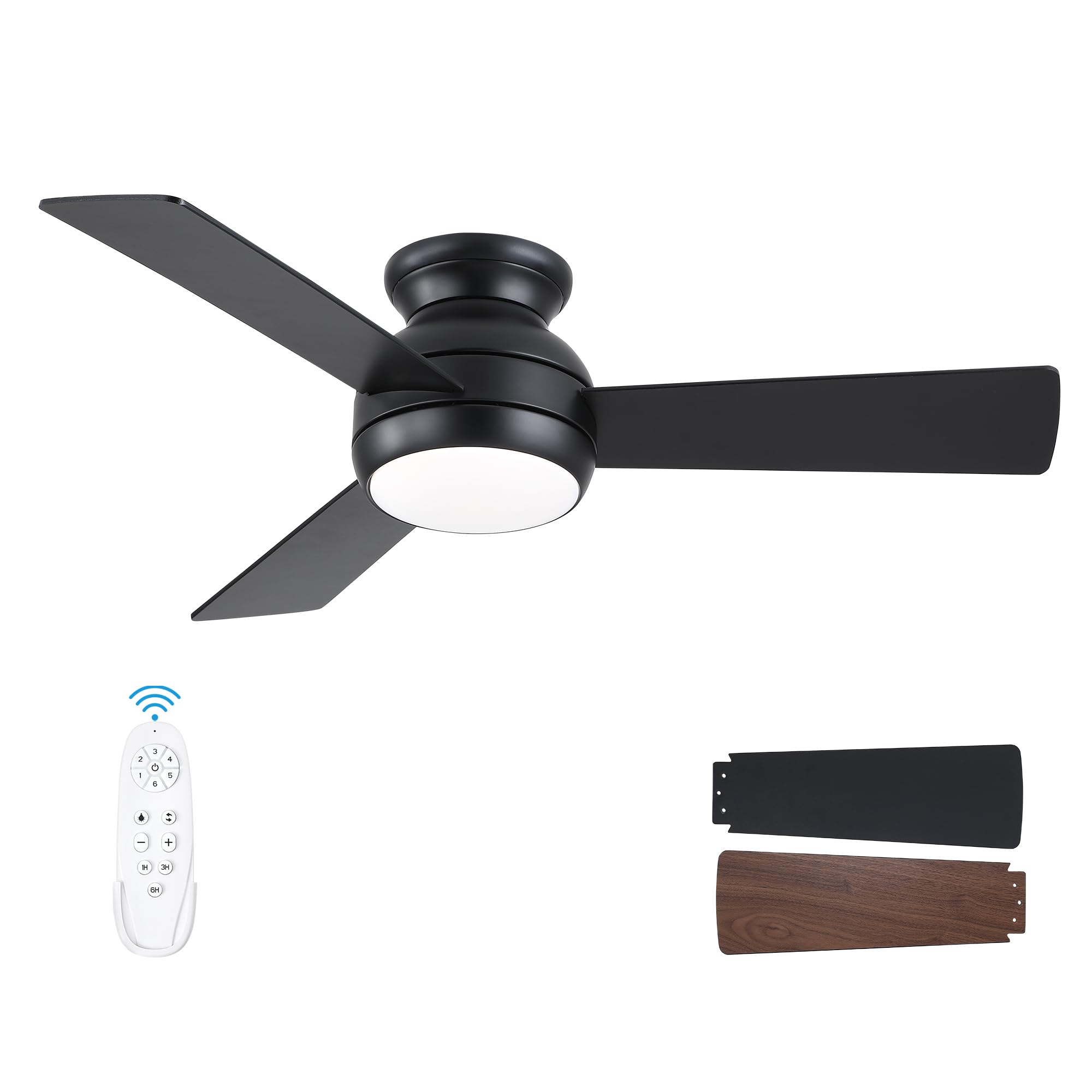 Putroad 42 Inch Ceiling Fans With Lights And Remote, Black Low Profile Ceiling Fan With Light, Flush Mount, Reversible, 6 Speeds
