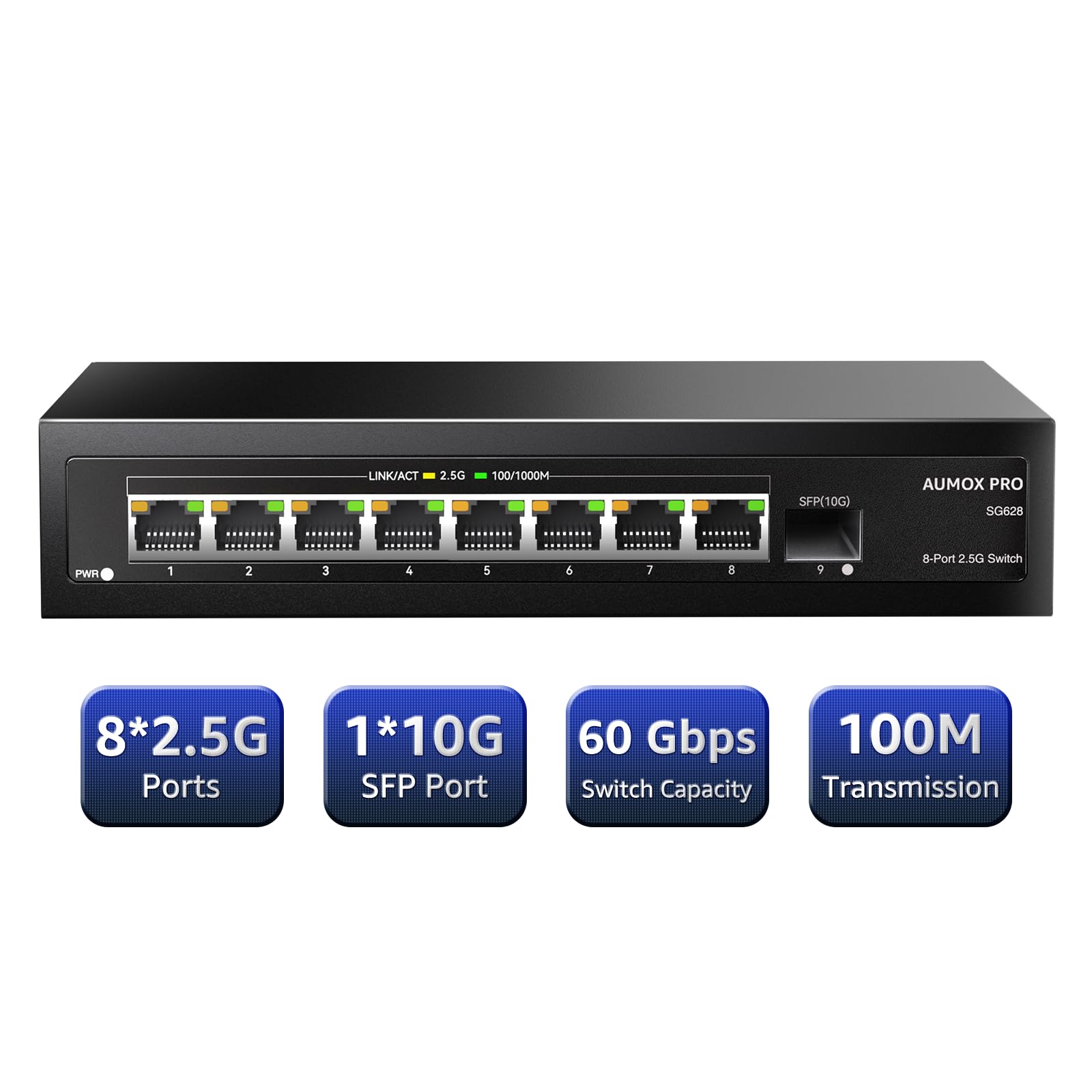 9 Port 2.5Gb Unmanaged Ethernet Switch With 8* 2.5G Base T Ports, 1*10G Sfp Ports, Aumox Pro 60Gbps Switching Capacity Compatibl