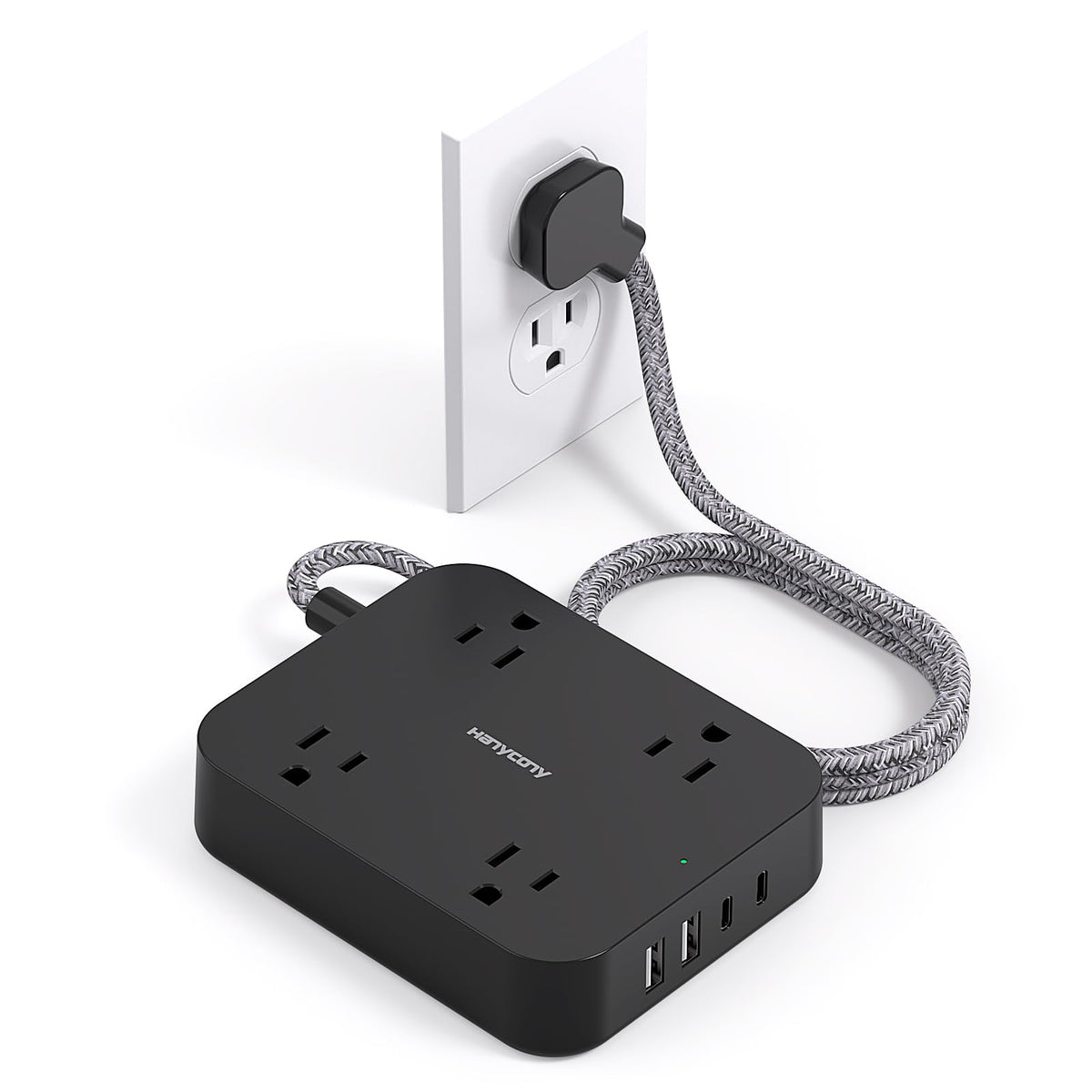 Black Flat Plug Extension Cord, 5Ft Power Strip With 4 Usb Ports(2 Usb C), 4 Widely Outlets Extender, Wall Mount, Desk Charging 