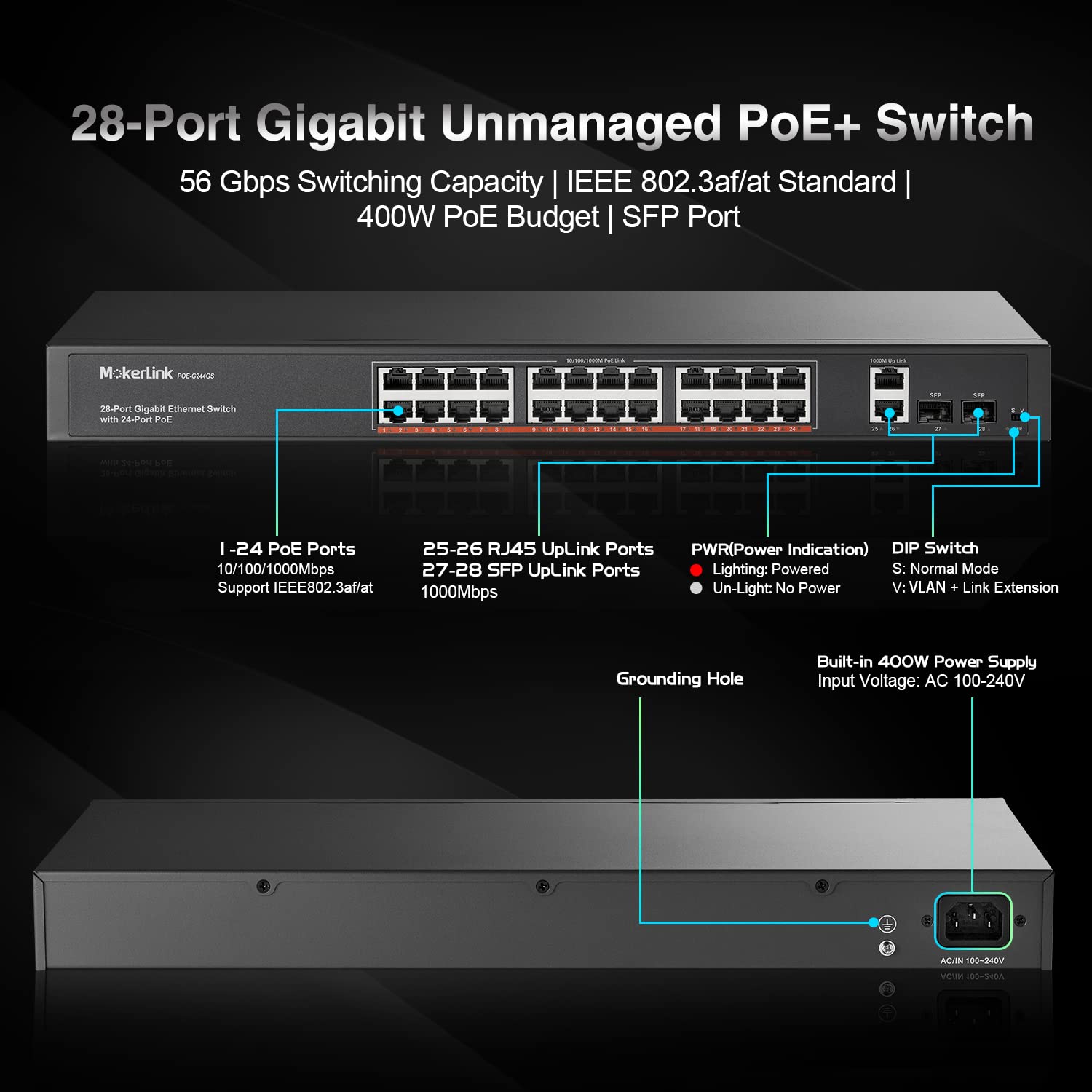 Mokerlink 24 Port Gigabit Poe Switch, 2 Gigabit Ethernet Uplink, 2 Gigabit Sfp, 400W Ieee802.3Af/At, Rackmount Unmanaged Plug An