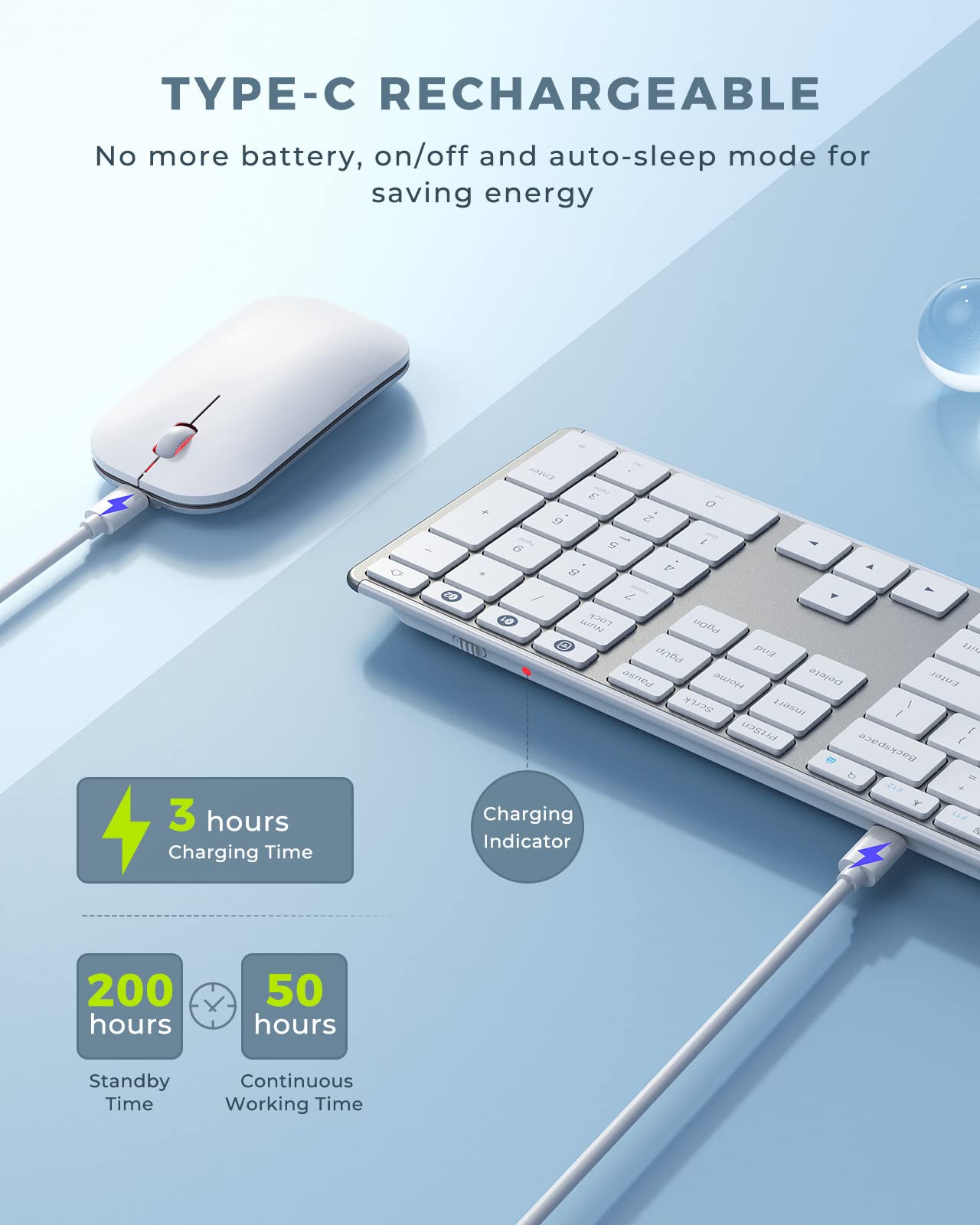 Wireless Bluetooth Keyboard And Mouse Combo (Usb + Dual Bt), Seenda Multi Device Rechargeable Slim Keyboard And Mouse, Compatible For Win 7/8/10, Macbook Pro/Air, Ipad, Tablet   White Silver