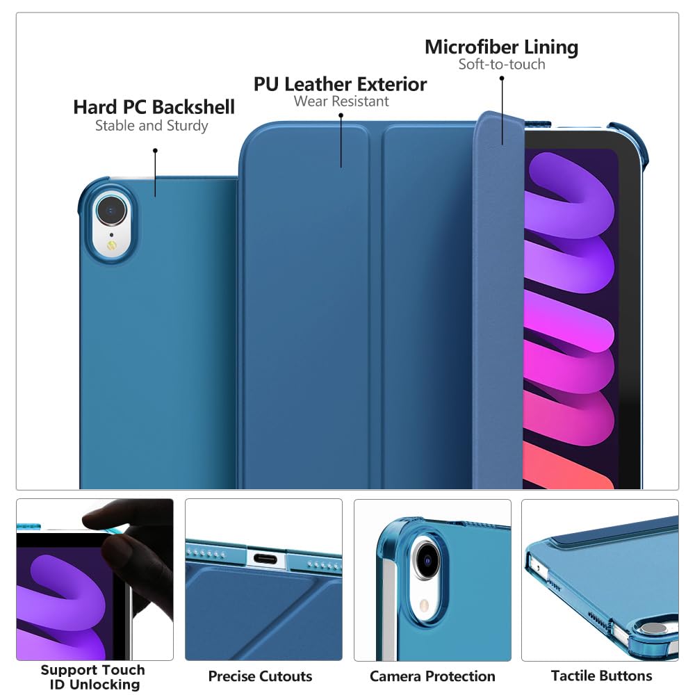 MoKo for iPad Mini 7 (A17 Pro) Case 2024,iPad Mini 6 Case 2021,8.3 inch iPad Mini 7th/6th Generation Case,Slim Lightweight Hard Back Shell Stand Cover for iPad Mini 2024 with Touch ID, Navy Blue