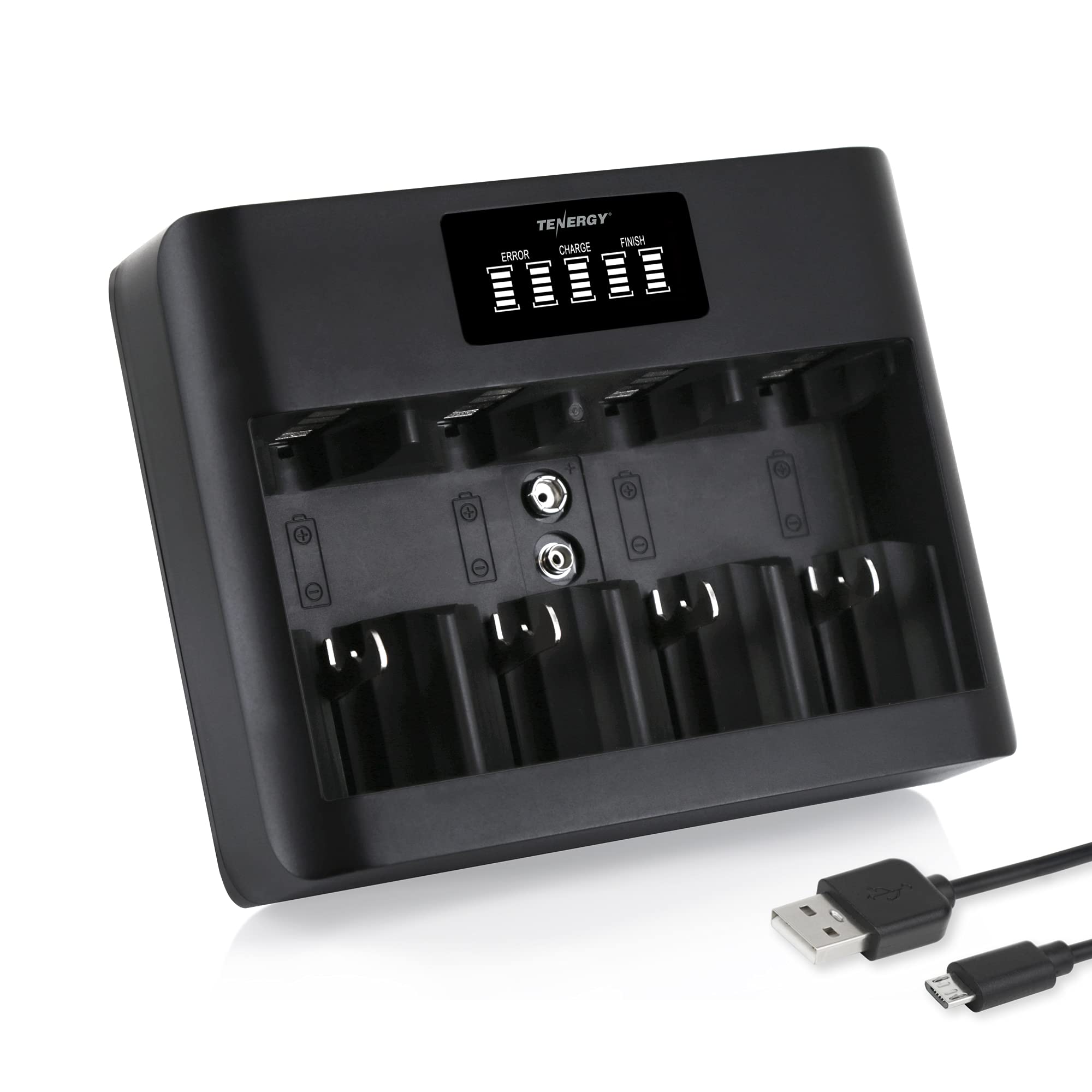 Tenergy TN486U 5-Bay Universal Battery Charger with LCD, Micro USB/Type C Input, for AA, AAA, C, D, and 9V Rechargeable Batterie