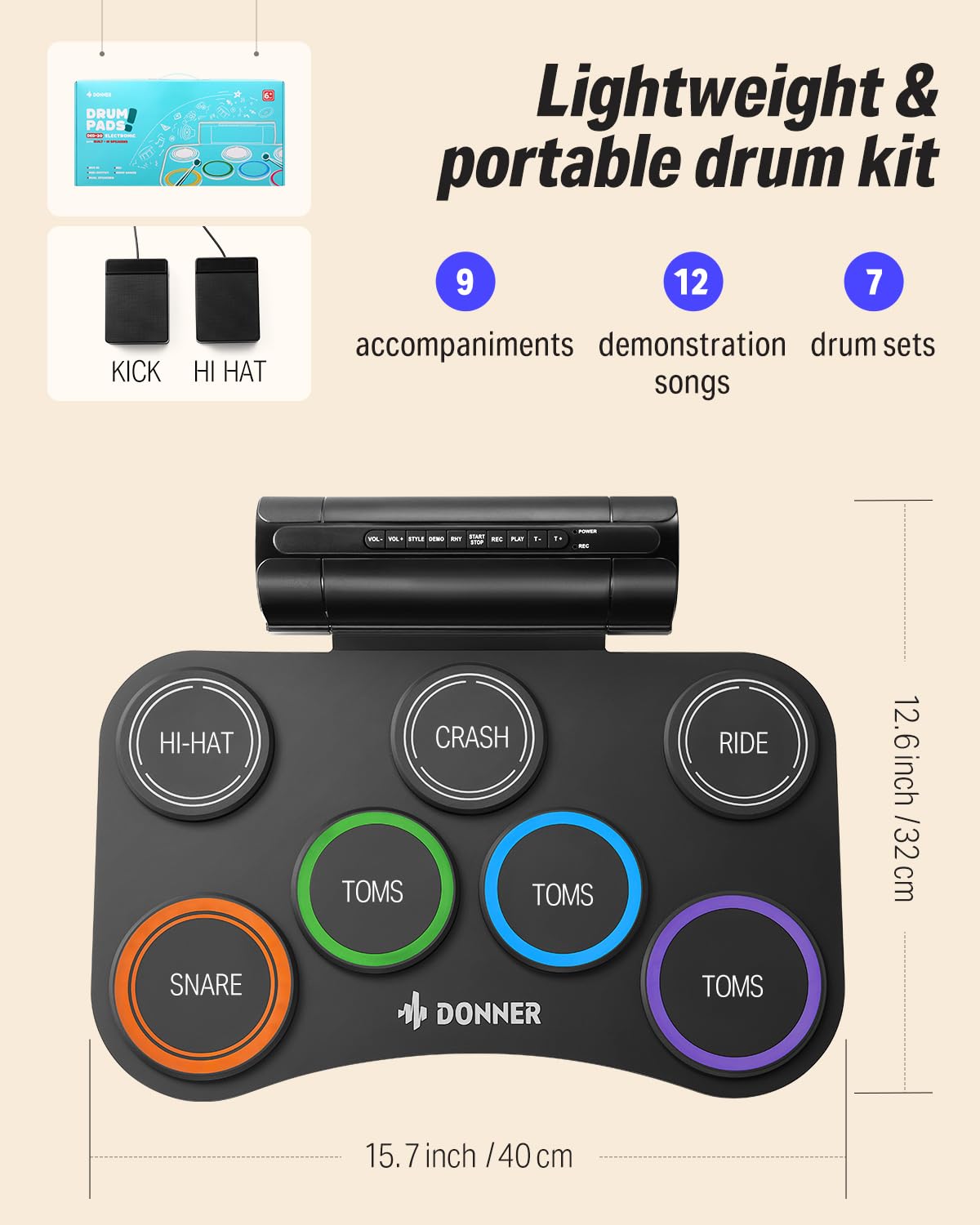 Donner Electric Drum Set Upgrated, 7 Pads Electronic Drum Pad Roll Up Quiet Drum Pad Built In Speaker, 40 Drum Lessons Included,