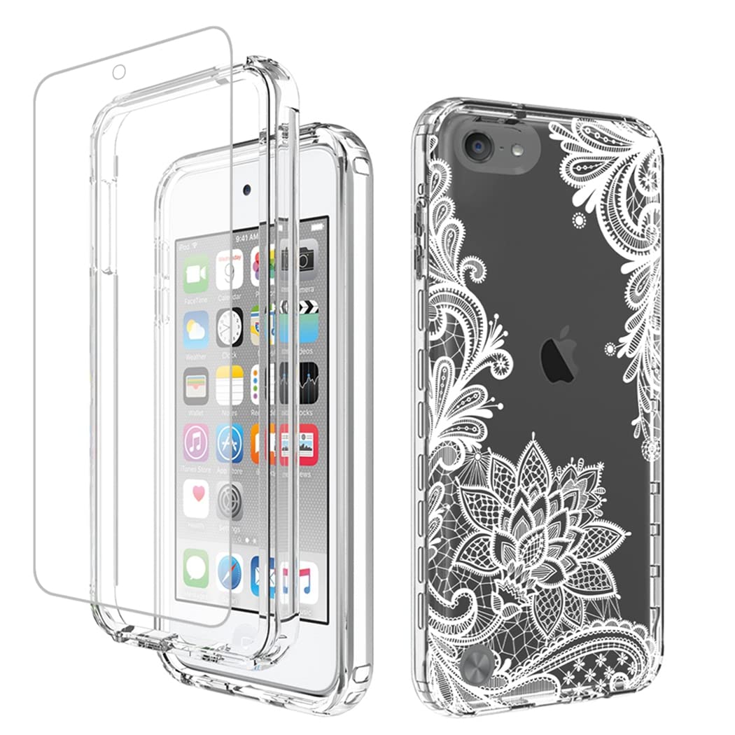 Yodueiv For Ipod Touch 6/Touch 5/Touch 7 Case With Tempered Glass Screen Protector, Full Body Shockproof Cute Clear Mandala Patt