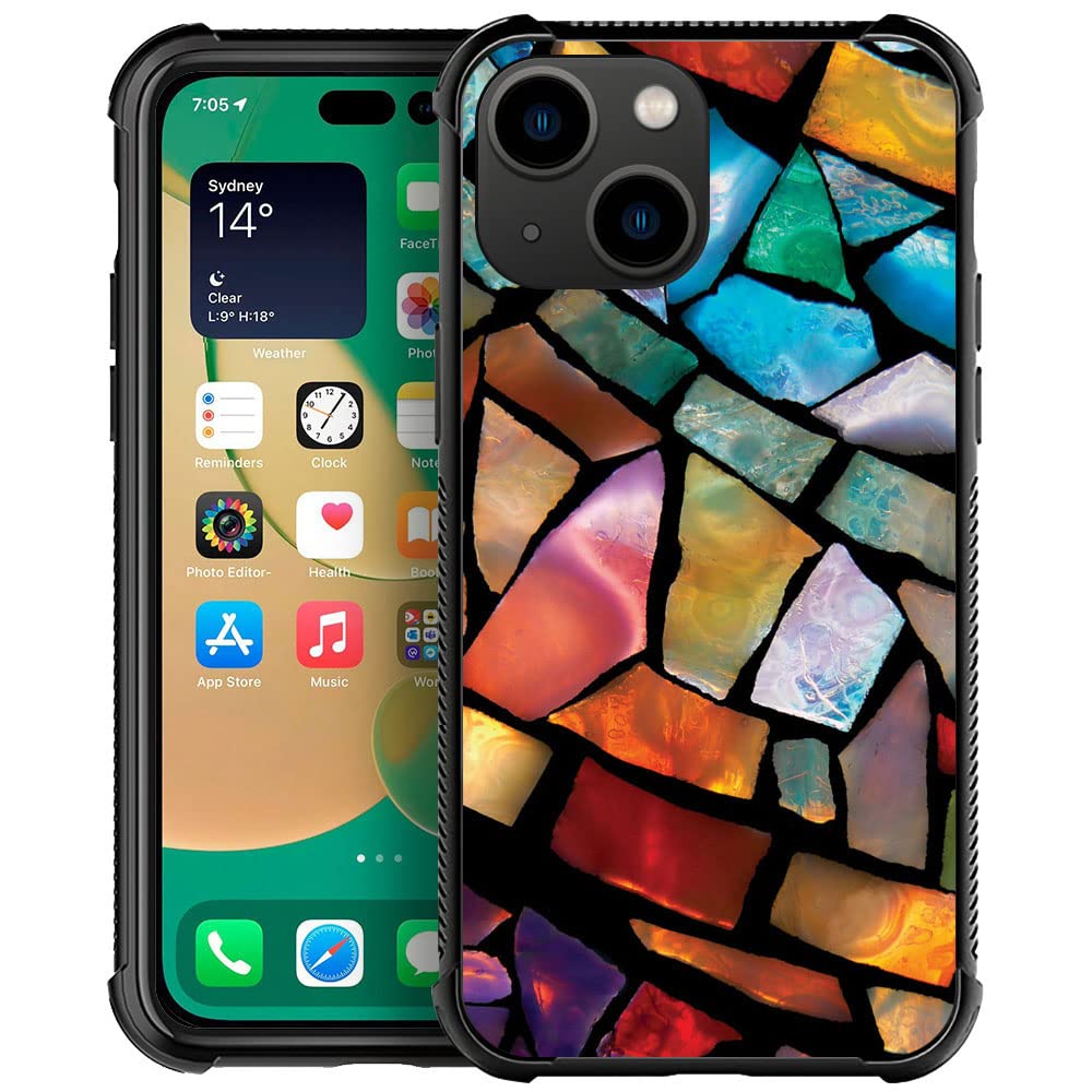 Compatible With Iphone 14 Case, Stained Glass Mosaic Fiesta Fun Iphone 14 Cases, Tempered Glass Back+Soft Silicone Tpu Shock Pro