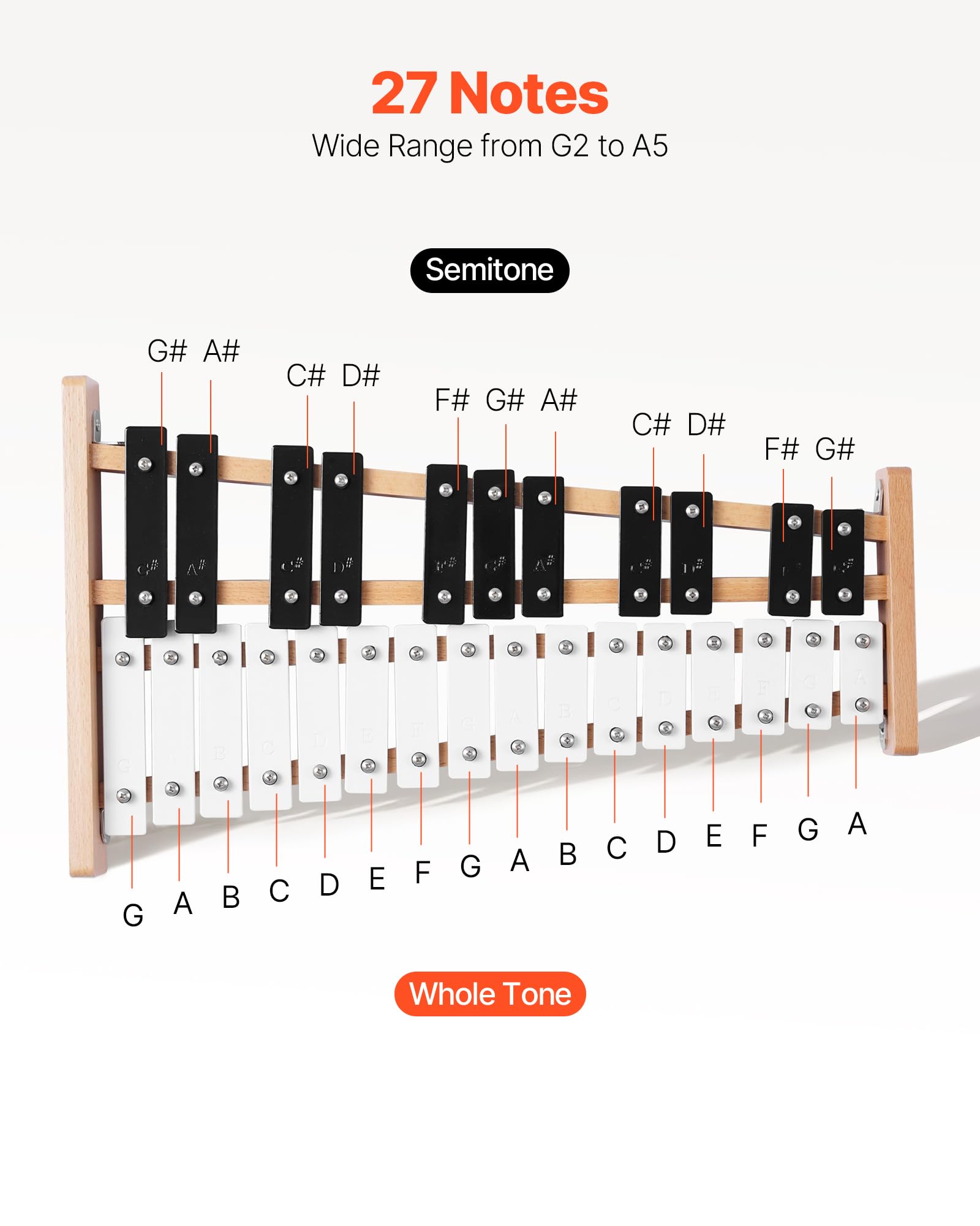 Vevor Glockenspiel Xylophone, 27 Notes, Professional Xylophone Percussion Instrument, With Metal Keys, Includes 4 Mallets, Carry