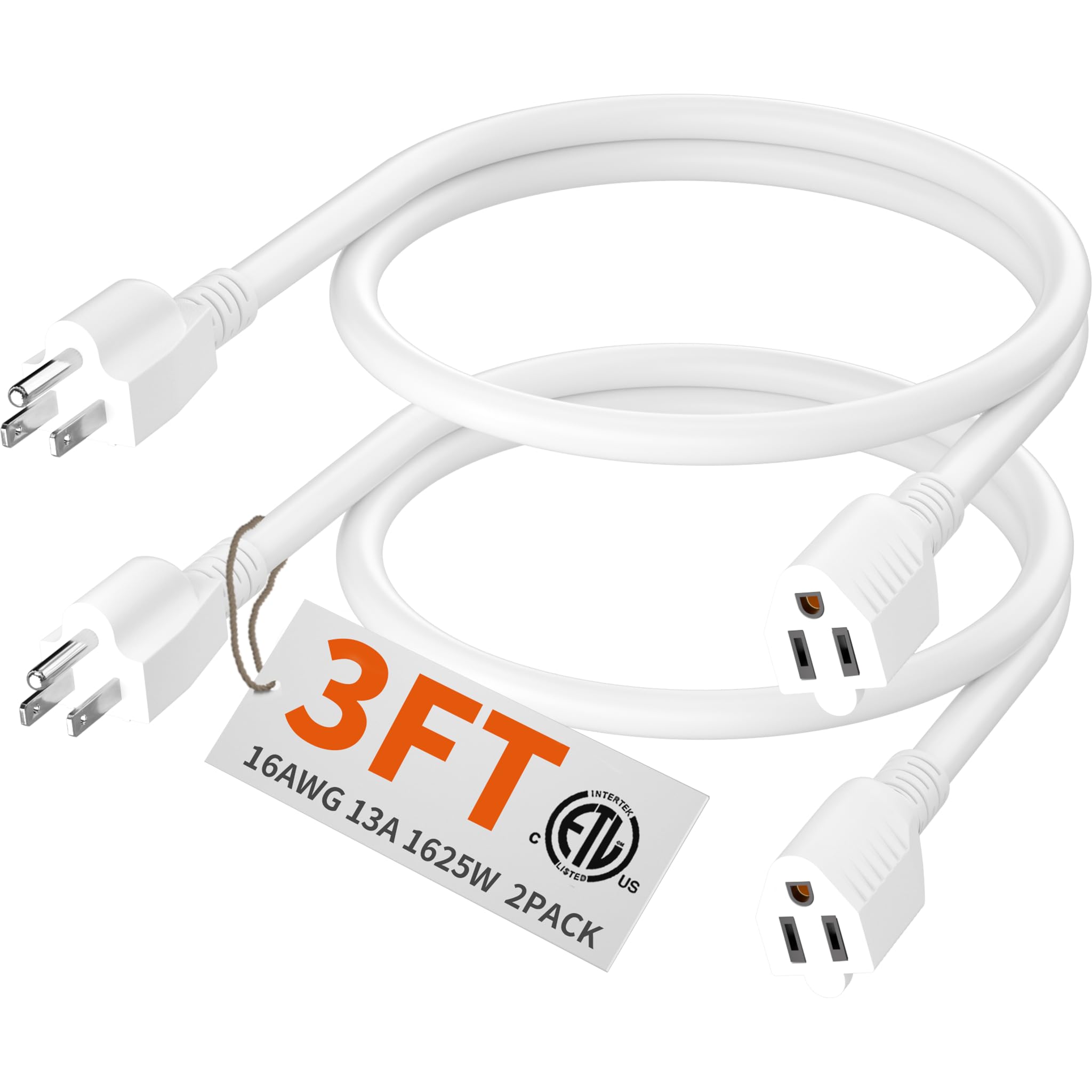 Huanchain Indoor Outdoor White Extension Cord 2 Pack 3 Ft Waterproof, 16/3 Gauge Flexible Cold Resistant Appliance Extension Cor