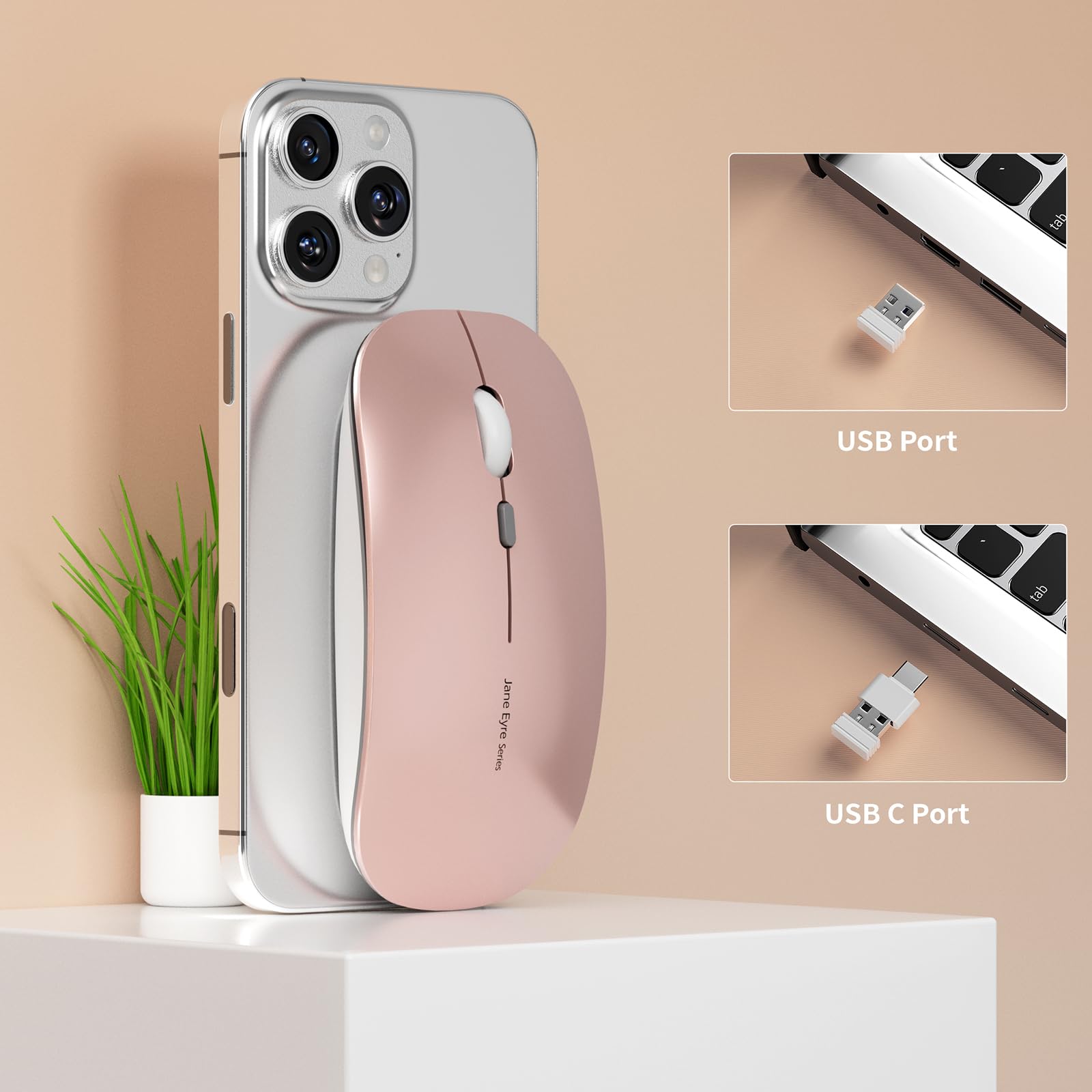 Uciefy Q5 Slim Wireless Mouse - Rechargeable, Silent, Portable, USB & Type C Adapter, Rose Gold