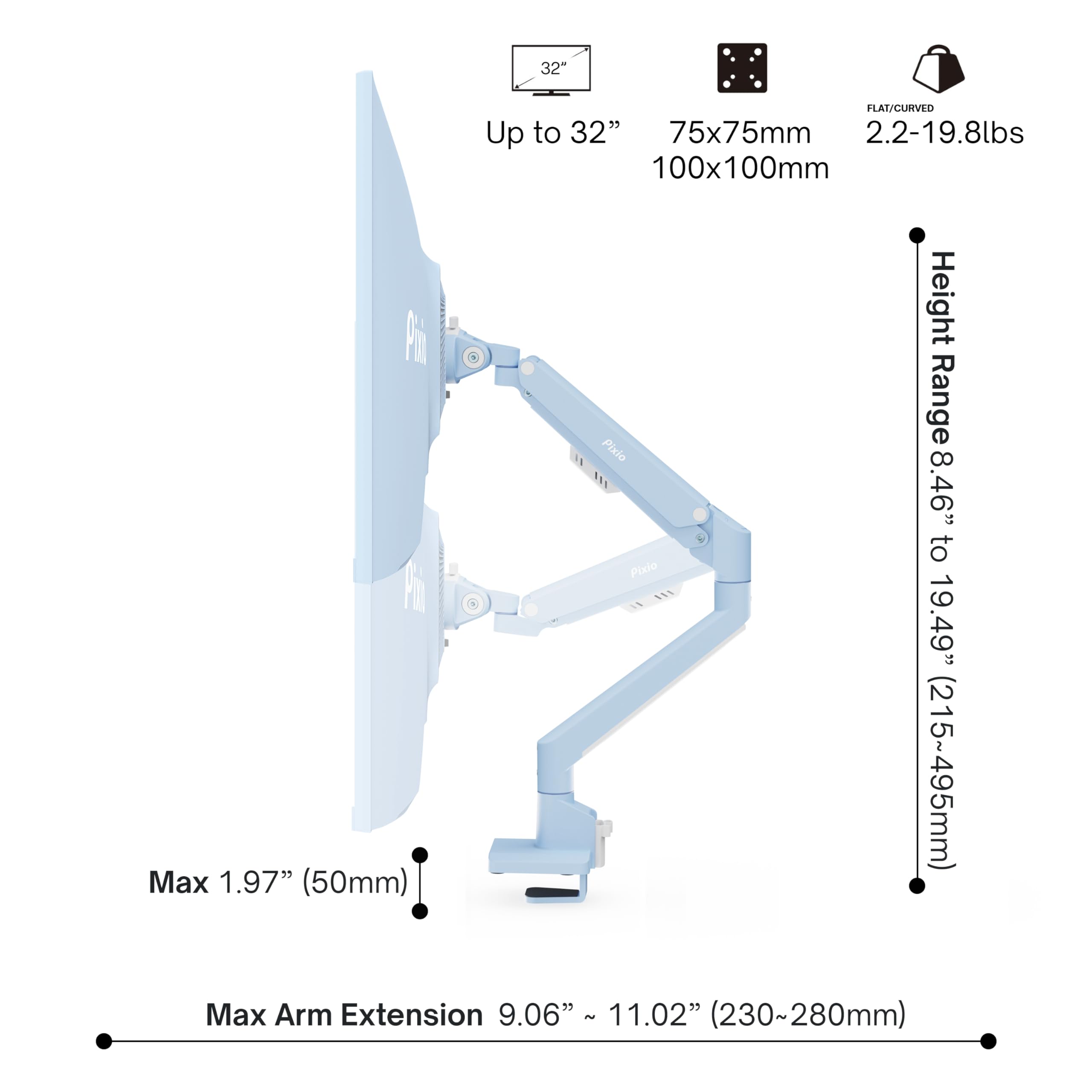 Pixio Ps1S Wave Blue Single Monitor Arm Stand Desk Mount   Fits Up To 32 Inches Monitors And Up To 19.8Lbs. Vesa Compatibility And Integrated Cable Management