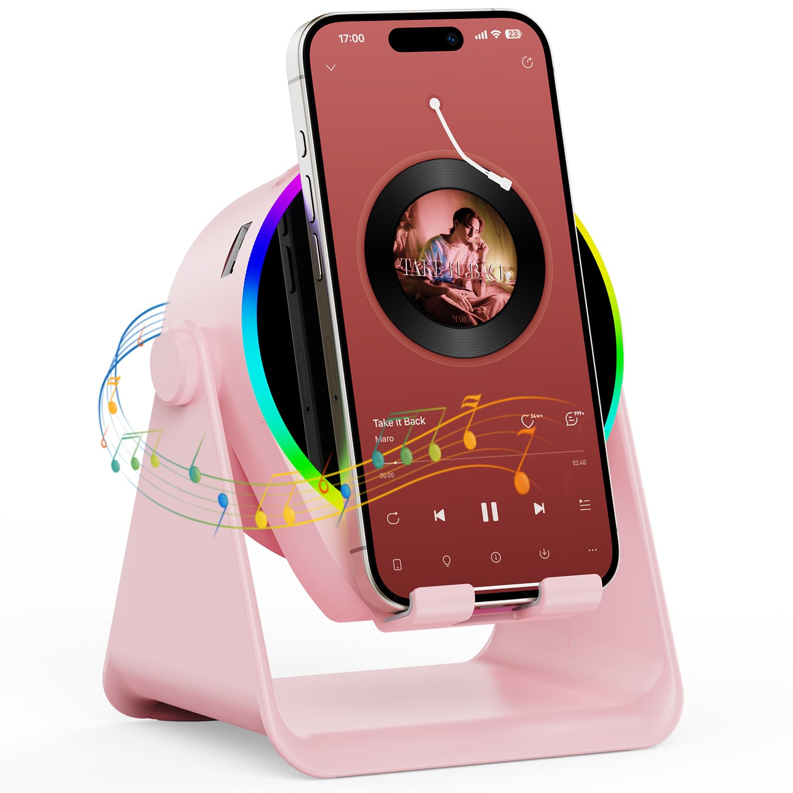 TARKARI Wireless Induction Speaker, 5 in 1 Bluetooth Speaker, 360 Rotation Cell Phone Stand and Colorful Ambient Light, Compatib