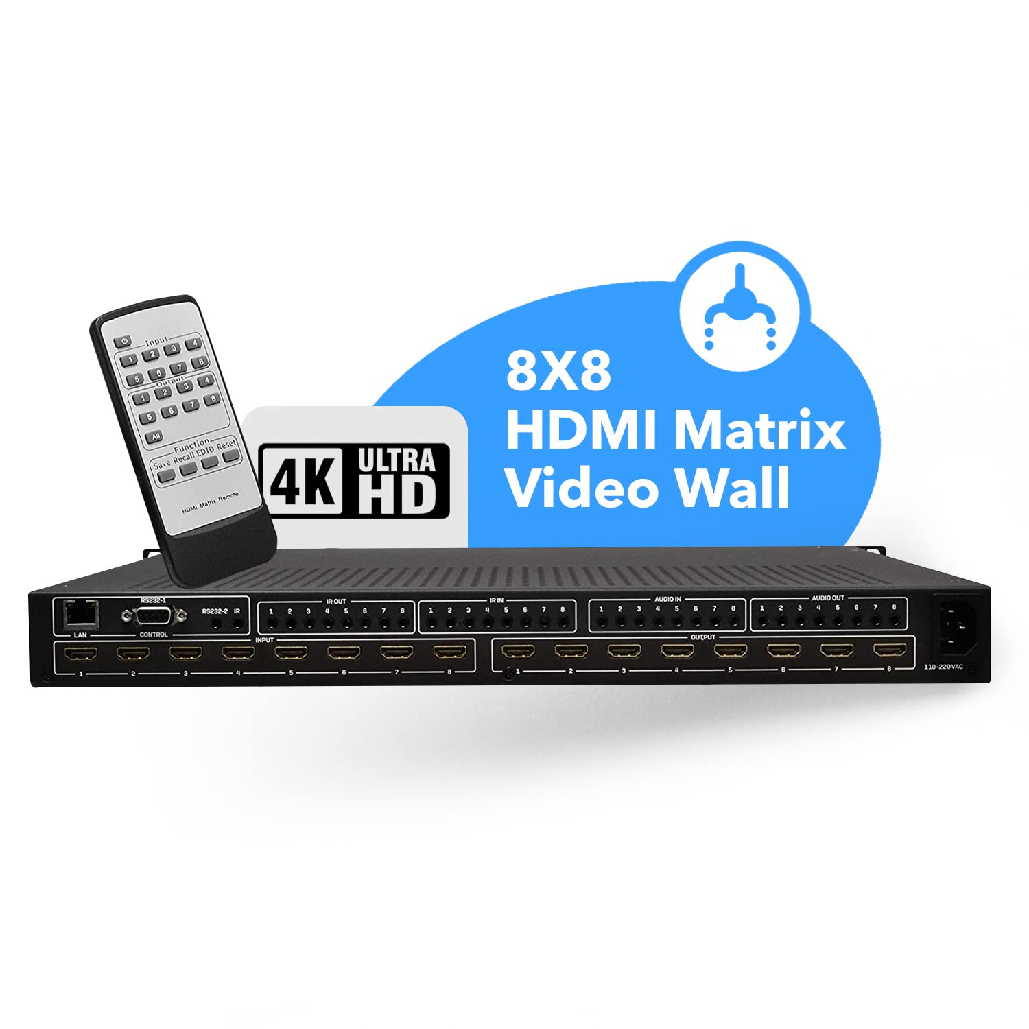 Orei Professional 4K 8X8 Hdmi Matrix Video Wall   Seamless Switching Hdcp 2.2 Ultrahd 4K @ 60Hz 4:4:4 Switcher & Ir Control, Aud