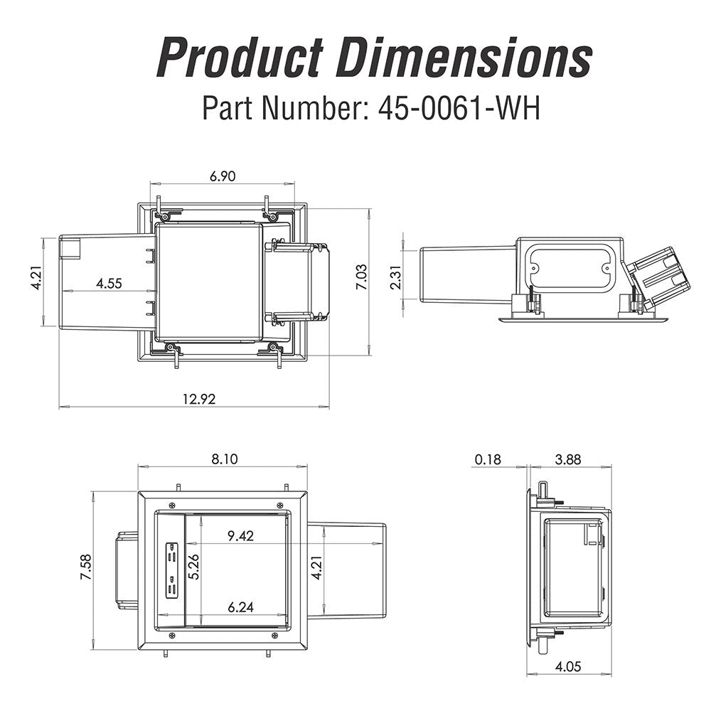 Data Comm Electronics 45 0061 Wh Recessed Av/Hdmi Cable With Expandable Media Box And Duplex Surge Receptacle, White