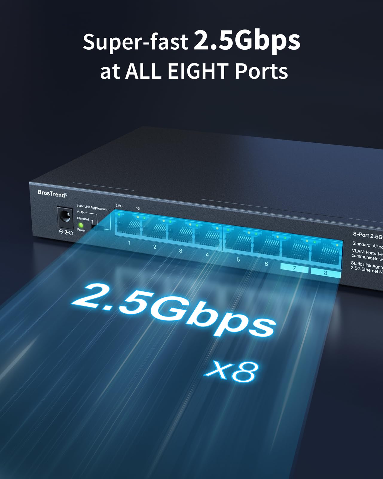 Brostrend 8 Port 2.5G Ethernet Switch Multi Gigabit Unmanaged Network Switch 2.5Gb Switch Supports Static Link Aggregation & Vla