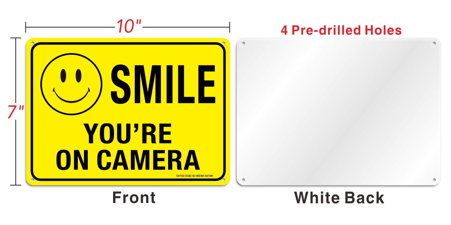 (2 Pack) Faittoo Smile You'Re On Camera Sign, Reflective 10X7 Rust Free .40 Aluminum, Uv Protected, Weather Resistant, Durable I