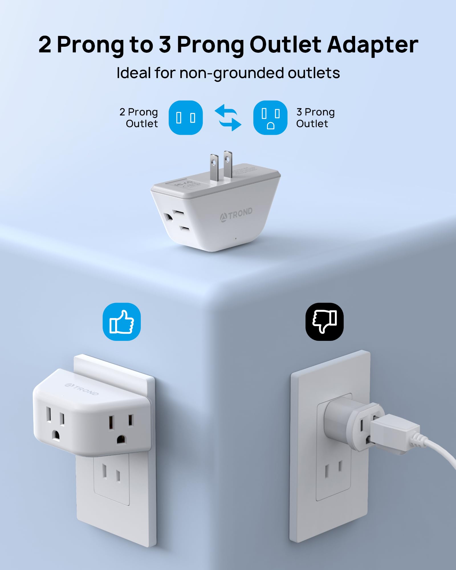 Trond 2 Prong To 3 Prong Outlet Adapter, 3 Way Angled Plug Extender With 3 Ac Sockets, Wall Splitter For Non Grounded Outlets In